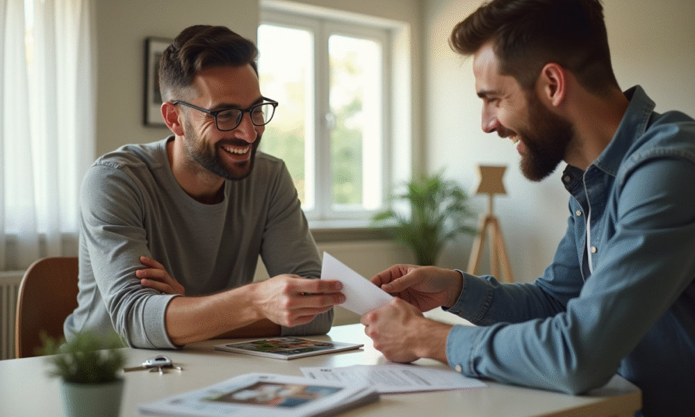 Pere souriant donnant de l'argent à son fils dans un salon lumineux