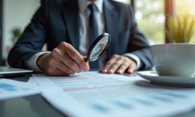 Personne bien habillee examine un document bancaire avec une loupe