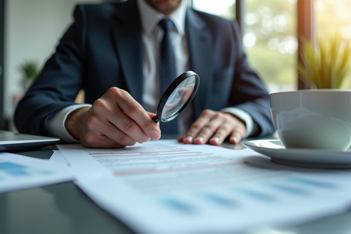 Personne bien habillee examine un document bancaire avec une loupe