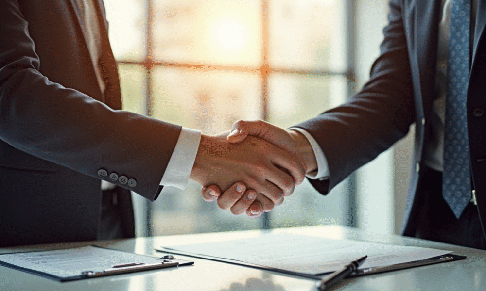 Poignée de main entre deux professionnels en entreprise
