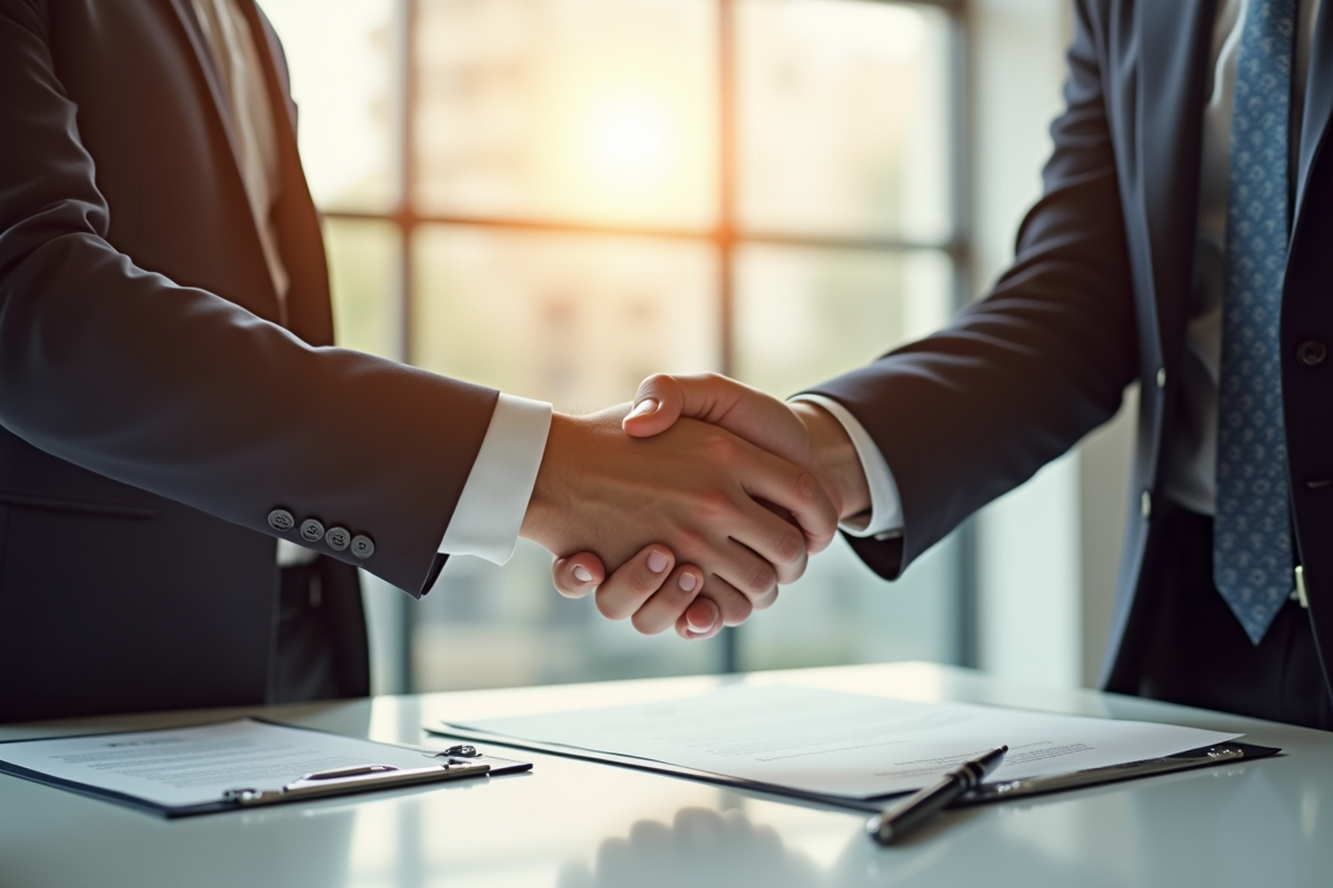 Poignée de main entre deux professionnels en entreprise