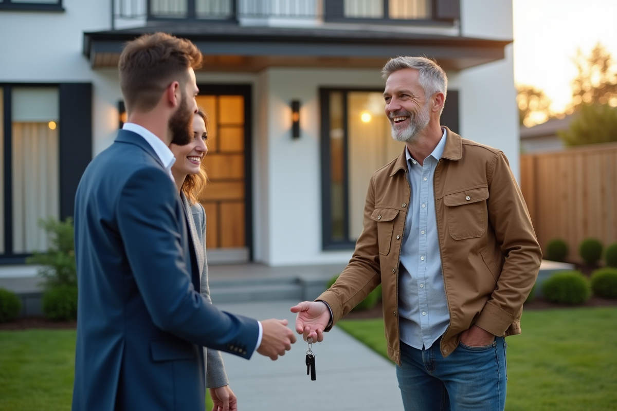 Agent immobilier remettant les clés à un jeune couple devant la maison