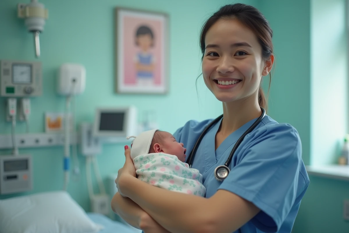 Infirmière souriante tenant un nouveau-né dans une maternité moderne