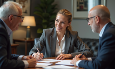 Femme professionnelle signant des documents immobiliers en agence