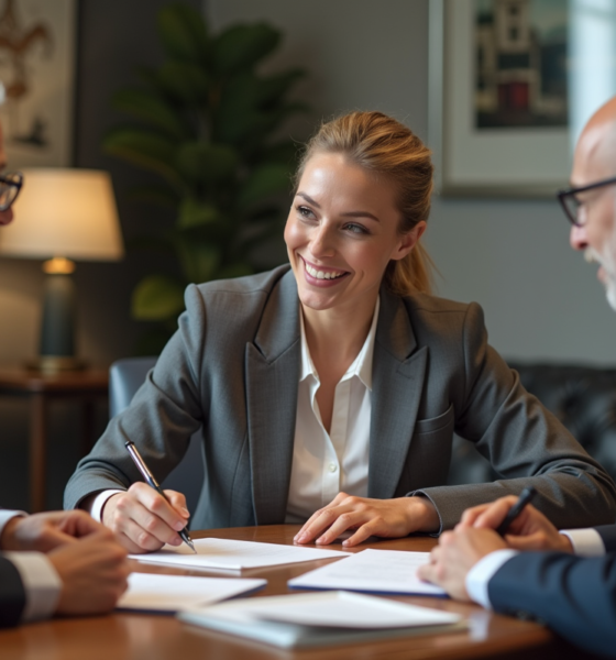 Femme professionnelle signant des documents immobiliers en agence