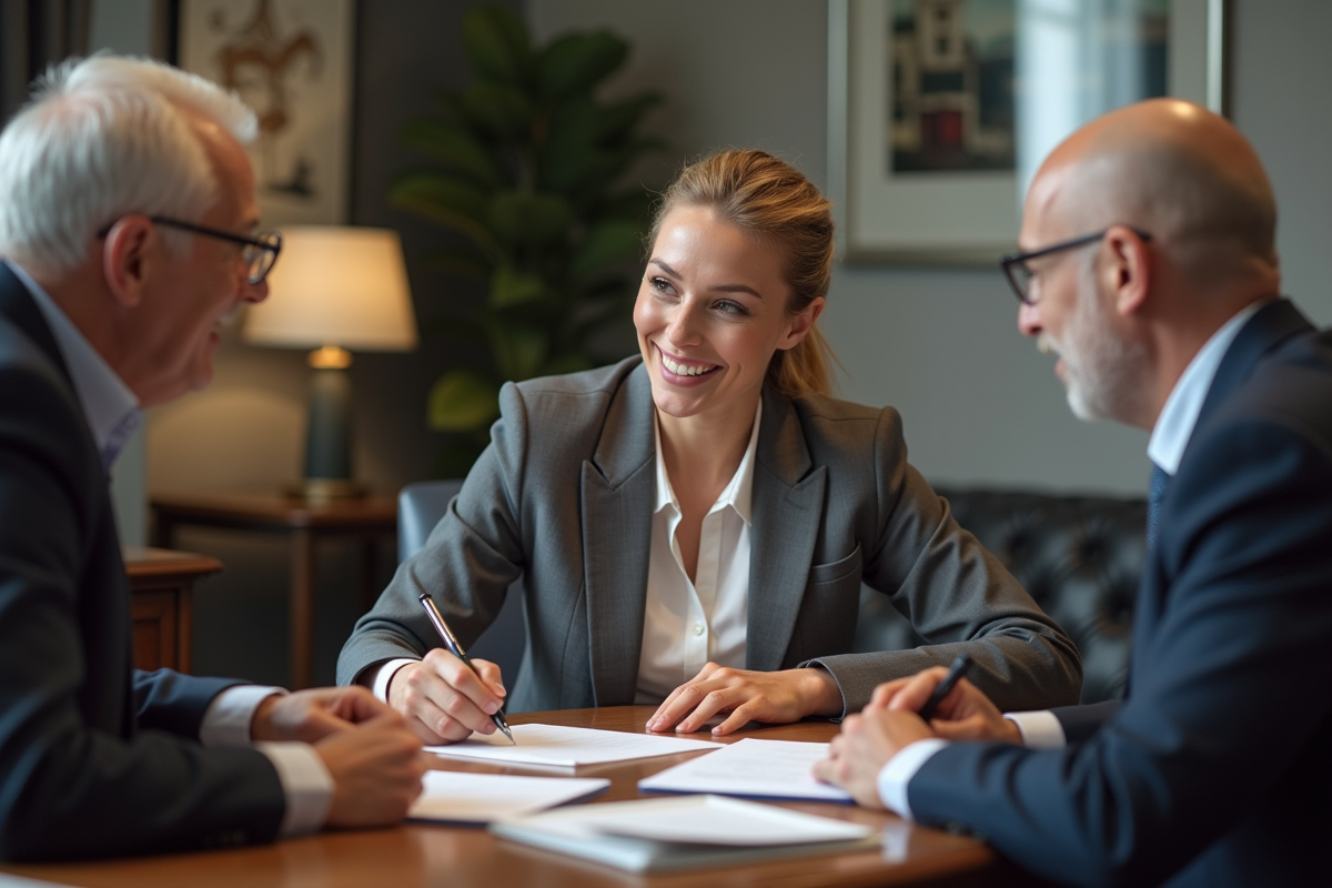 Femme professionnelle signant des documents immobiliers en agence